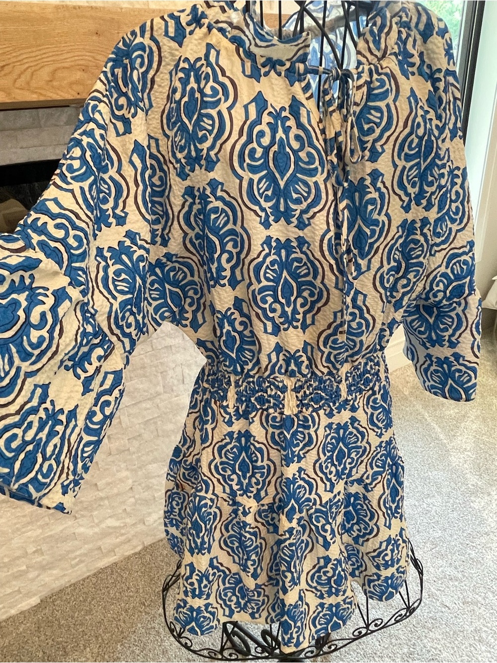 Blue & Cream Printed Elastic-Waist Women's Dress